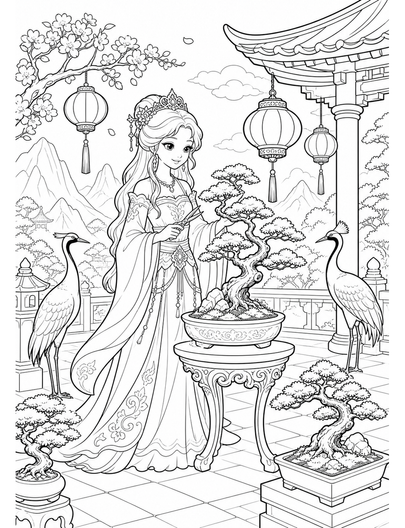 Princess Bonsai Terrace With Lantern Cranes printable coloring page from the princess coloring pages collection