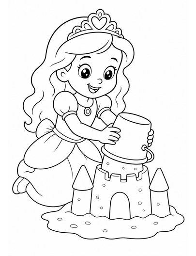 Princess Building A Sandcastle With A Bucket printable coloring page from the princess coloring pages collection
