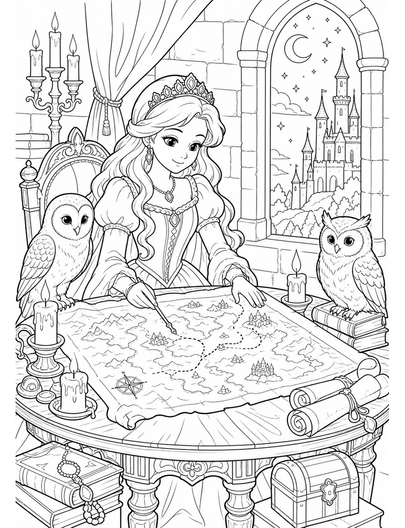 Princess Candlelit Map Table With Owls printable coloring page from the princess coloring pages collection