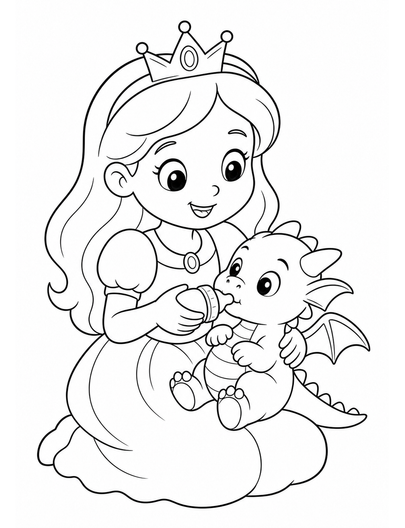 Princess Caring For A Baby Dragon printable coloring page from the princess coloring pages collection