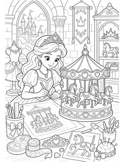 Princess Carousel Designer In Castle Workshop printable coloring page from the princess coloring pages collection
