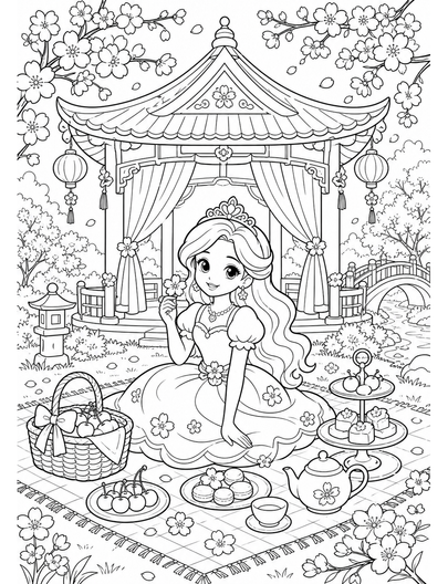 Princess Cherry Blossom Picnic Pavilion printable coloring page from the princess coloring pages collection