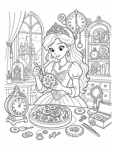Princess Clockmaker Workshop With Gears printable coloring page from the princess coloring pages collection