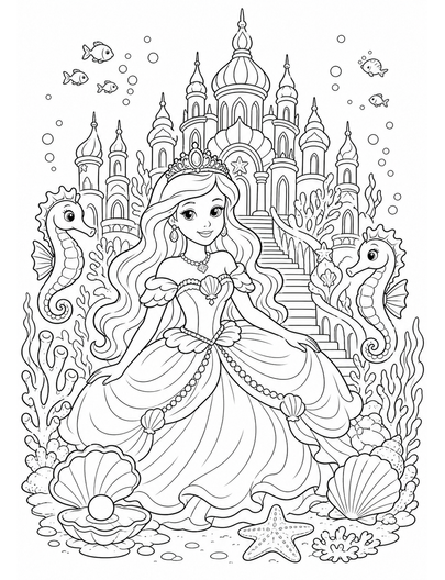 Princess Coral Palace With Seahorses printable coloring page from the princess coloring pages collection