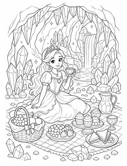 Princess Crystal Cave Picnic printable coloring page from the princess coloring pages collection