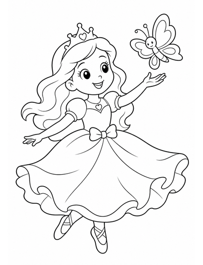 Princess Dancing With Butterfly Friend printable coloring page from the princess coloring pages collection