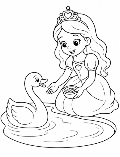 Princess Feeding A Swan At The Pond printable coloring page from the princess coloring pages collection