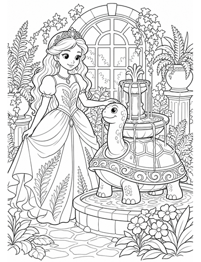 Princess Fernhouse With Turtle Fountain printable coloring page from the princess coloring pages collection