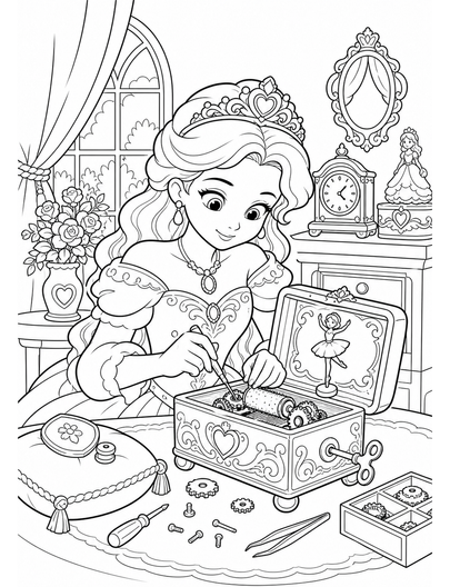 Princess Fixing A Clockwork Music Box printable coloring page from the princess coloring pages collection