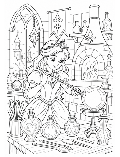 Princess Glassblowing In Castle Atelier printable coloring page from the princess coloring pages collection