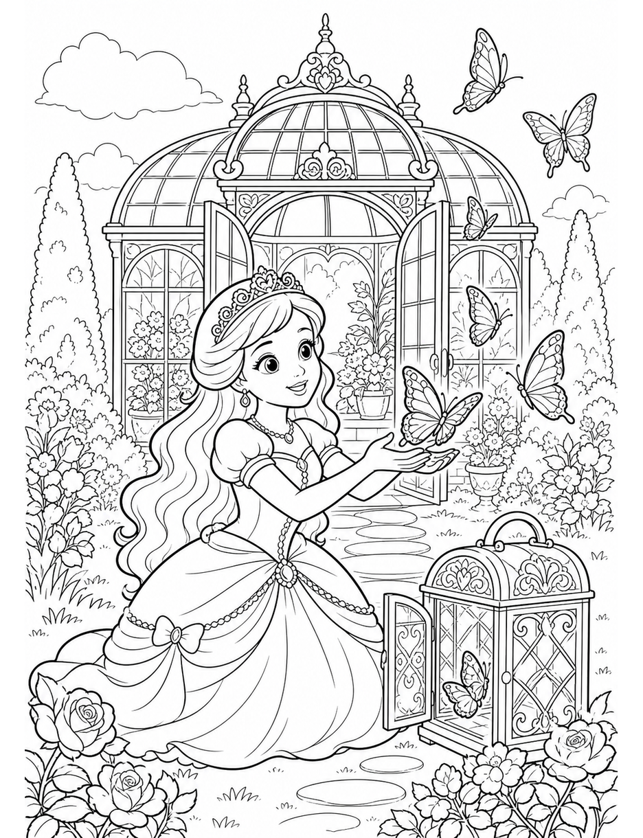 Princess Glasshouse Butterfly Release printable coloring page from the princess coloring pages collection