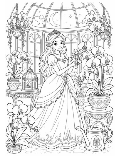Princess Greenhouse With Moon Orchids printable coloring page from the princess coloring pages collection