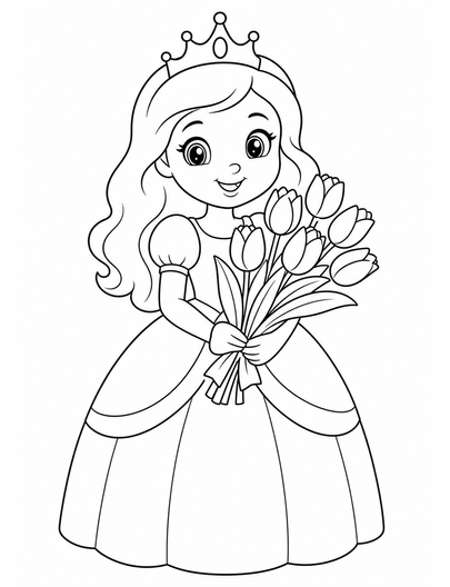 Princess Holding A Bouquet Of Tulips printable coloring page from the princess coloring pages collection