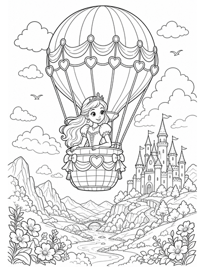 Princess Hot Air Balloon Over Castle Valley printable coloring page from the princess coloring pages collection