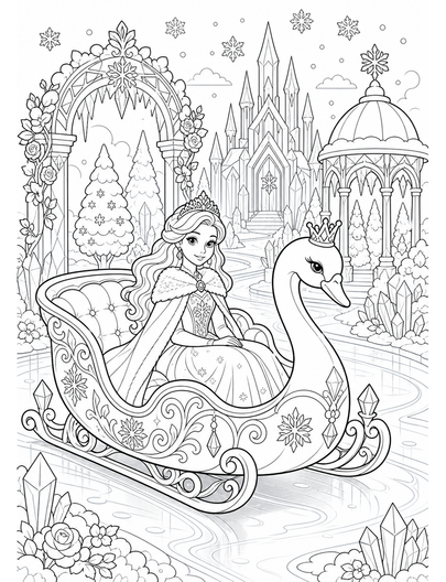 Princess Ice Garden With Swan Sleigh printable coloring page from the princess coloring pages collection