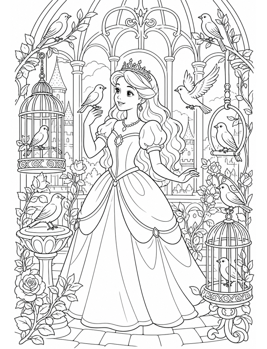 Princess In A Castle Aviary With Songbirds printable coloring page from the princess coloring pages collection