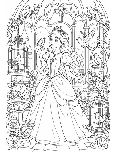Princess In A Castle Aviary With Songbirds printable coloring page from the princess coloring pages collection
