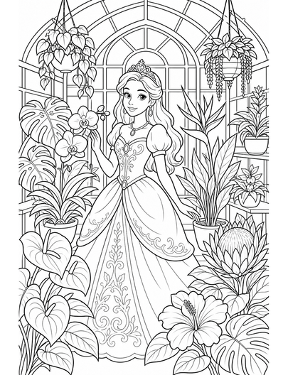 Princess In A Greenhouse With Exotic Flowers printable coloring page from the princess coloring pages collection
