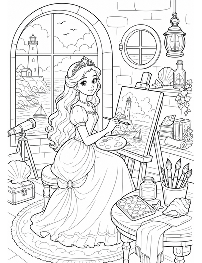 Princess In A Seaside Lighthouse Studio printable coloring page from the princess coloring pages collection