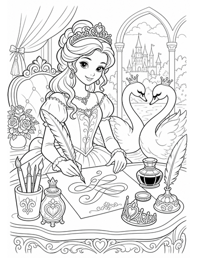 Princess Ink Studio With Calligraphy Swans printable coloring page from the princess coloring pages collection