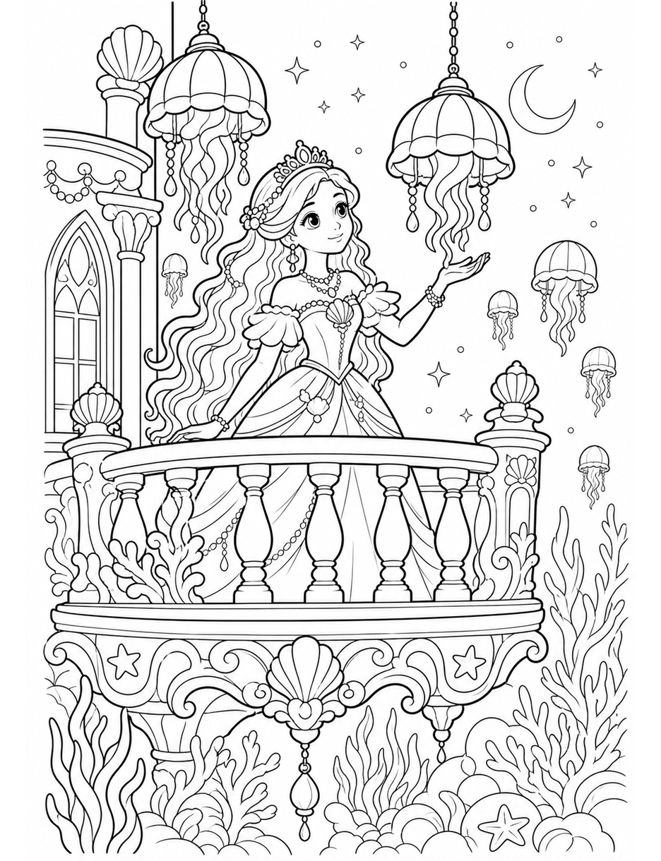 Princess Jellyfish Lantern Balcony printable coloring page from the princess coloring pages collection