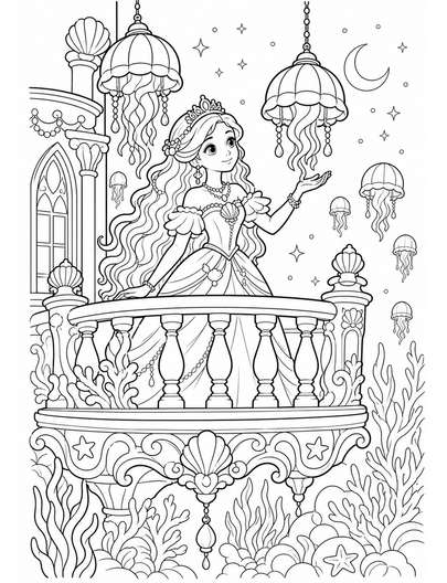 Princess Jellyfish Lantern Balcony printable coloring page from the princess coloring pages collection