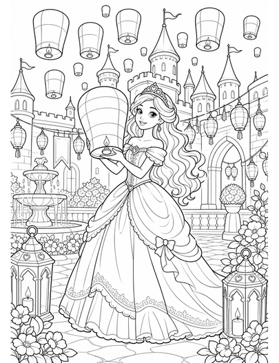Princess Lantern Festival In Castle Courtyard printable coloring page from the princess coloring pages collection