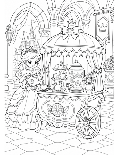 Princess Lemon Tea Cart In Castle Arcade printable coloring page from the princess coloring pages collection