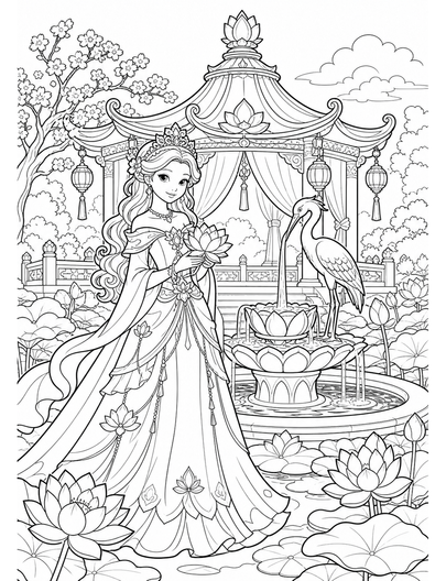 Princess Lotus Pavilion With Heron Fountain printable coloring page from the princess coloring pages collection