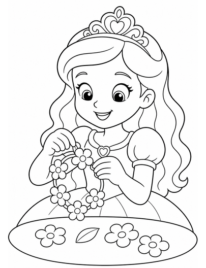 Princess Making A Flower Bracelet printable coloring page from the princess coloring pages collection