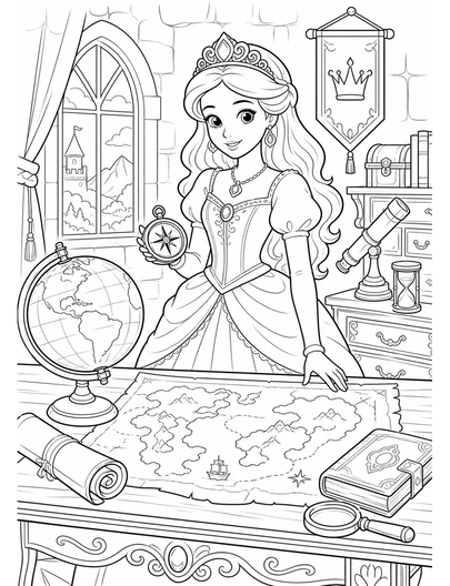 Princess Map Room With Compass And Globe printable coloring page from the princess coloring pages collection