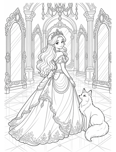 Princess Mirror Hall With White Fox printable coloring page from the princess coloring pages collection