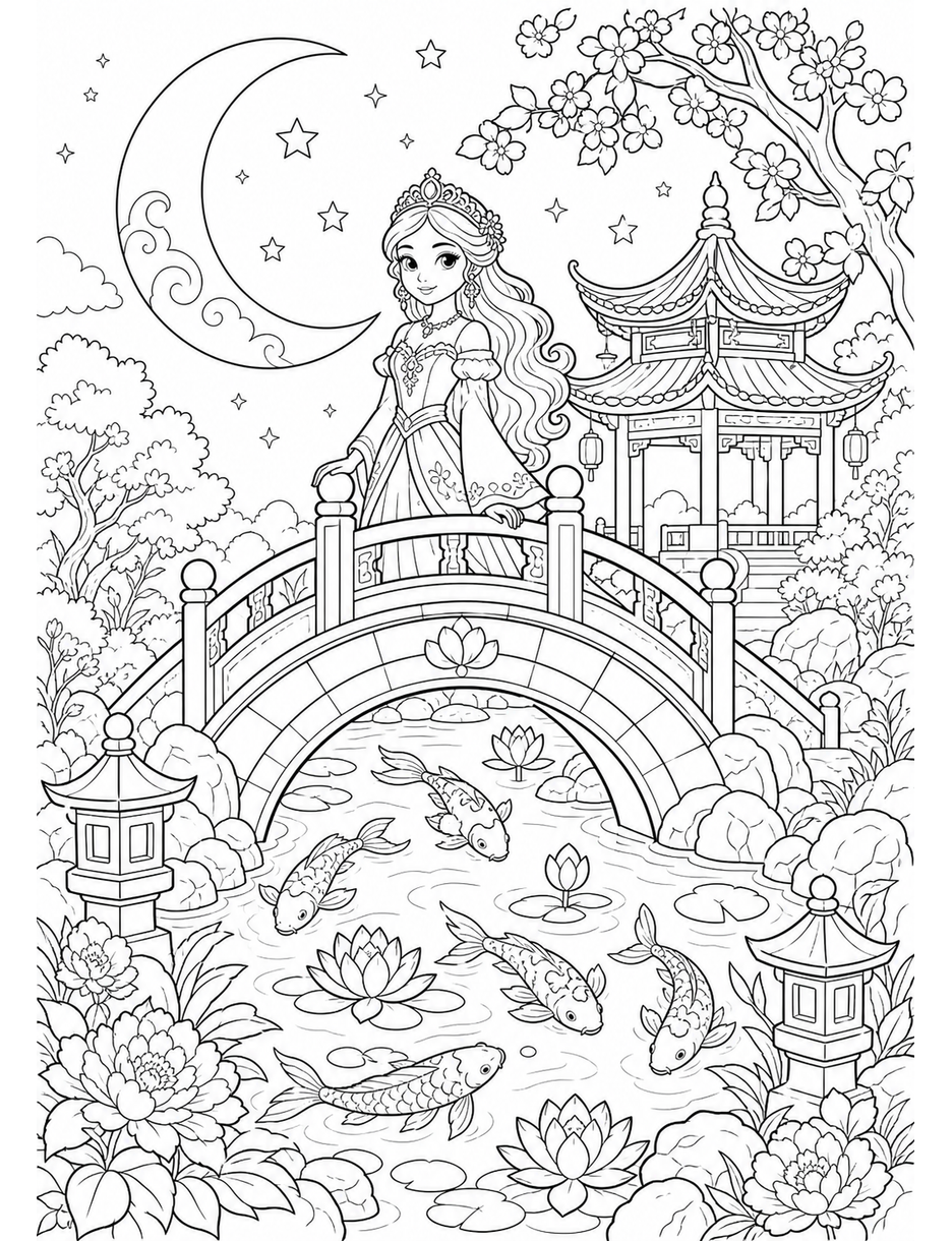 Princess Moon Bridge Koi Garden printable coloring page from the princess coloring pages collection