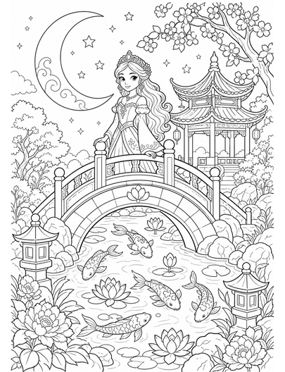 Princess Moon Bridge Koi Garden printable coloring page from the princess coloring pages collection