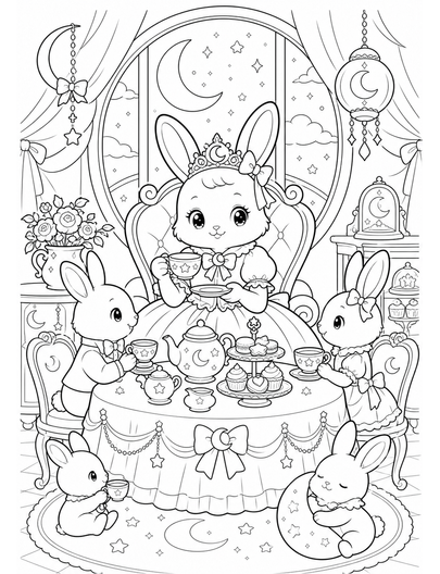 Princess Moon Rabbit Tea Room printable coloring page from the princess coloring pages collection