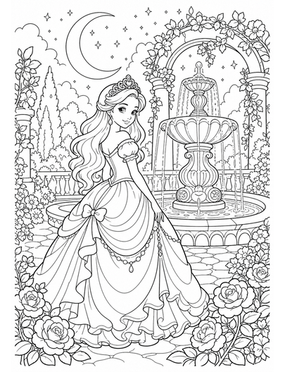 Princess Moonlit Fountain Garden printable coloring page from the princess coloring pages collection