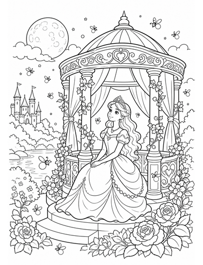 Princess Moonlit Gazebo With Fireflies printable coloring page from the princess coloring pages collection