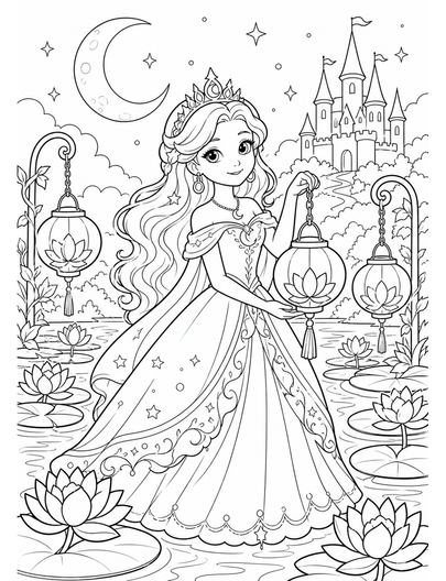 Princess Moonwell With Lily Lanterns printable coloring page from the princess coloring pages collection