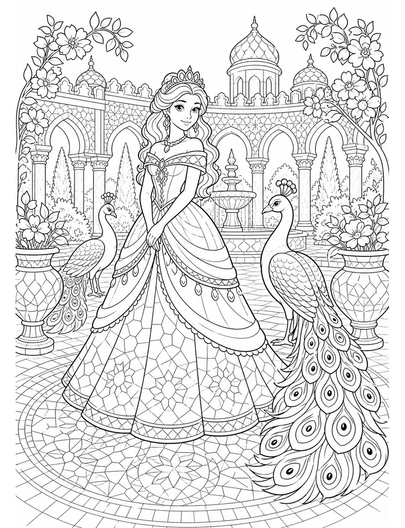 Princess Mosaic Courtyard With Peacocks printable coloring page from the princess coloring pages collection