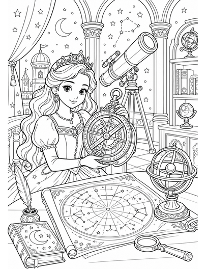 Princess Observatory With Astrolabe And Star Map printable coloring page from the princess coloring pages collection