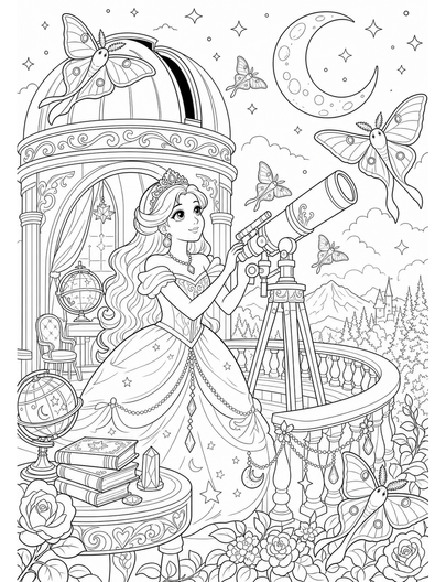 Princess Observatory With Moon Moths printable coloring page from the princess coloring pages collection