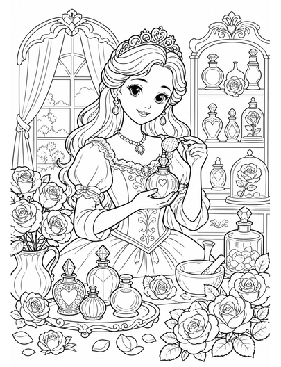 Princess Perfume Atelier With Roses printable coloring page from the princess coloring pages collection