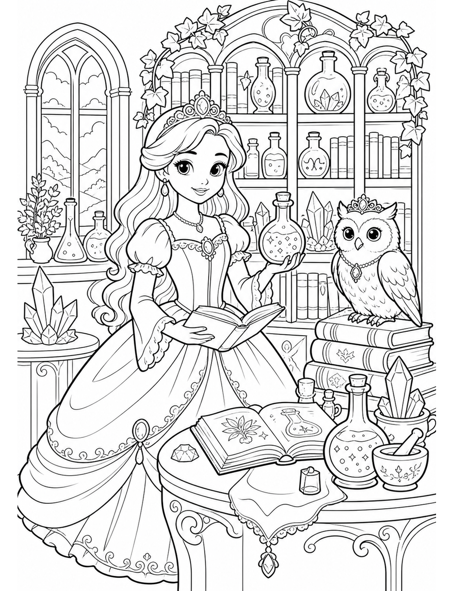 Princess Potion Library With Owl Companion printable coloring page from the princess coloring pages collection