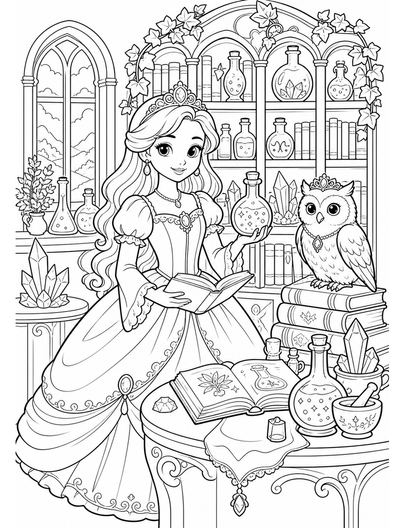 Princess Potion Library With Owl Companion printable coloring page from the princess coloring pages collection
