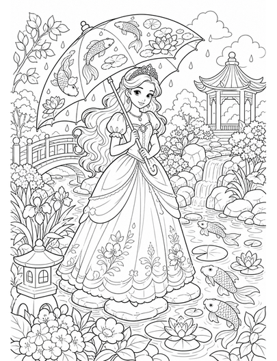 Princess Rain Garden With Koi Umbrella printable coloring page from the princess coloring pages collection