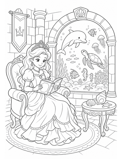Princess Reading By Castle Aquarium Window printable coloring page from the princess coloring pages collection