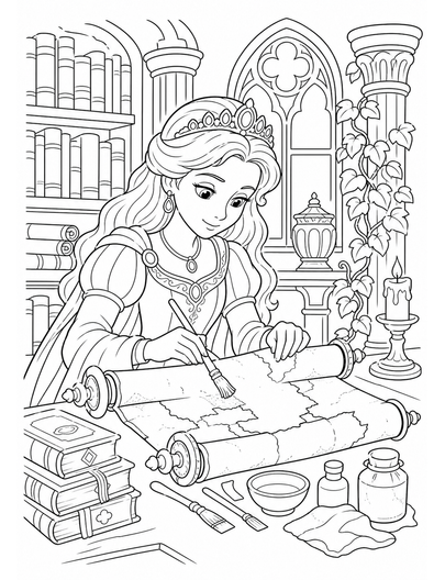Princess Restoring An Ancient Library Scroll printable coloring page from the princess coloring pages collection