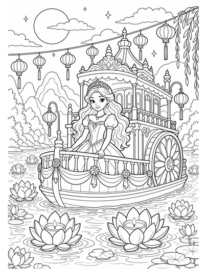 Princess Riverboat With Lotus Lanterns printable coloring page from the princess coloring pages collection