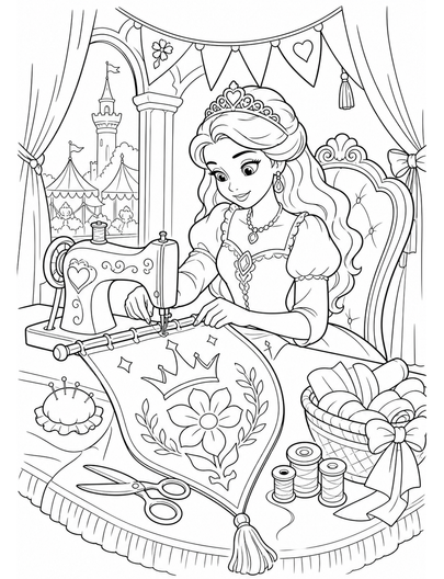 Princess Sewing A Festival Banner printable coloring page from the princess coloring pages collection