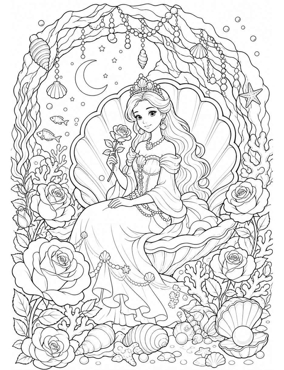 Princess Shell Grotto With Moon Roses printable coloring page from the princess coloring pages collection